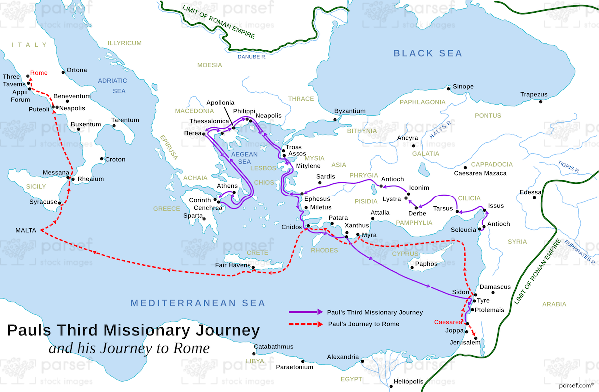 Acts Pauls Third Journey and Rome Map bible map